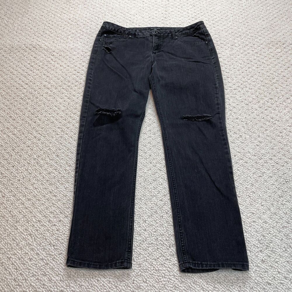 Signature Studio Jeans Womens 14 Black Denim Straight Mid Rise Distressed 36x30